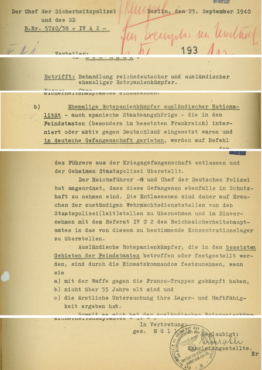 Memorandum by the Chief of the Security Police and the SD, dated 25th September 1940, concerning the treatment of foreign and German former combatants in Spain. The ordinance accompanying this memo provided the basis for the mass deportation of former members of the Republican Army to the concentration camps. (Bundesarchiv, Koblenz, R 58/26)